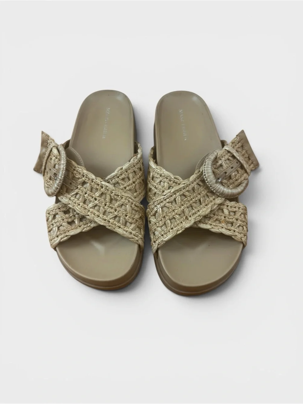 Marc Fisher Neutral Woven Cross-Strap Slide Sandals with Buckle Detail